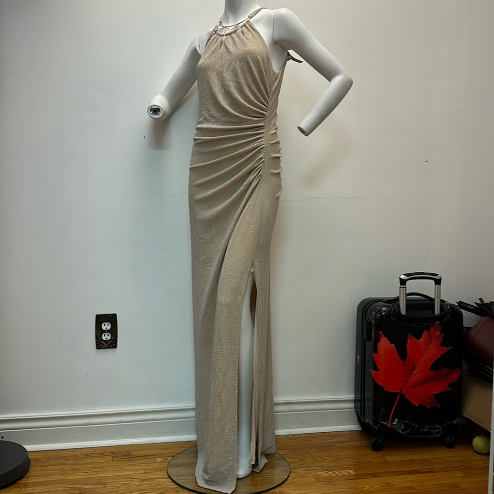 NEW Canada Le Chateau sparkly champagne silver gold metallic gown maxi dress